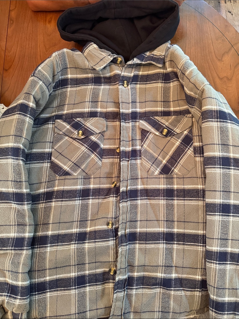 Men's Hooded Plaid Button-Up Shirt Jacket - Blue & Gray